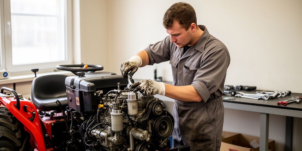 Механик проверяет топливный фильтр дизельной техники