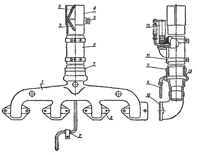 Впускной и выпускной трубопроводы системы питания двигателя.